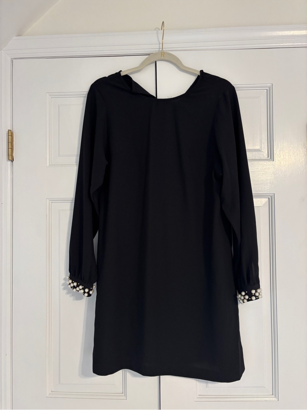 Black Pearl-Embellished Long Sleeve Shift Dress